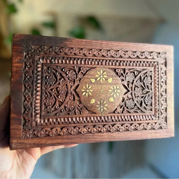 Hand-Carved Wooden Jewelry Box with Brass Inlay - 5x10” Made in India boho style - Picture 3 of 12